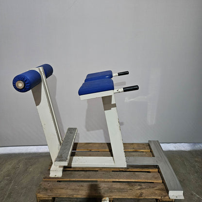 Rückenstreckerbank 90° Hyperextension zum training der unteren Rückenmuskulatur, Oldschool Bodybuilding, Rahmenfarbe Weiß, gebraucht mit Gebrauchsspuren