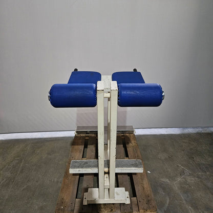 Rückenstreckerbank 90° Hyperextension zum training der unteren Rückenmuskulatur, Oldschool Bodybuilding, Rahmenfarbe Weiß, gebraucht mit Gebrauchsspuren