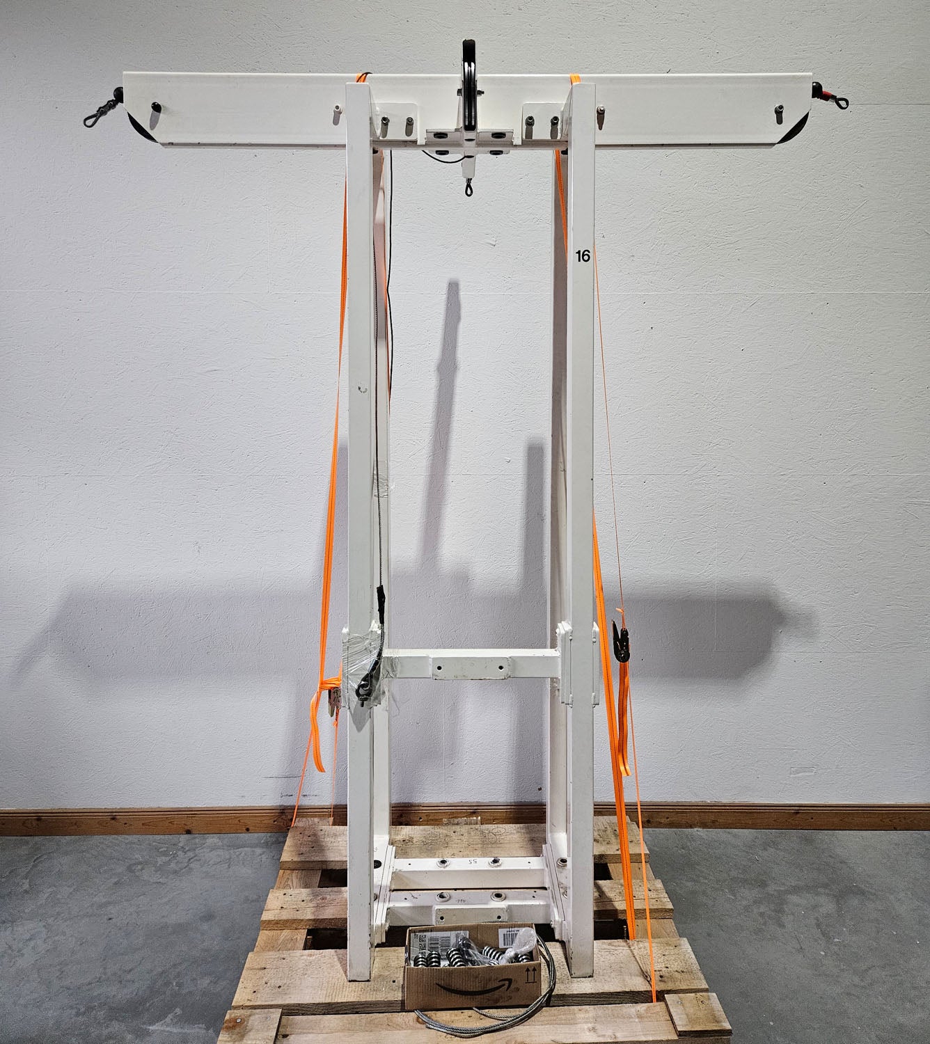 Gym80 - 4 station tower with ropes, 4 stack multi station, large weight blocks, frame color white, used - tested condition with visual signs of wear