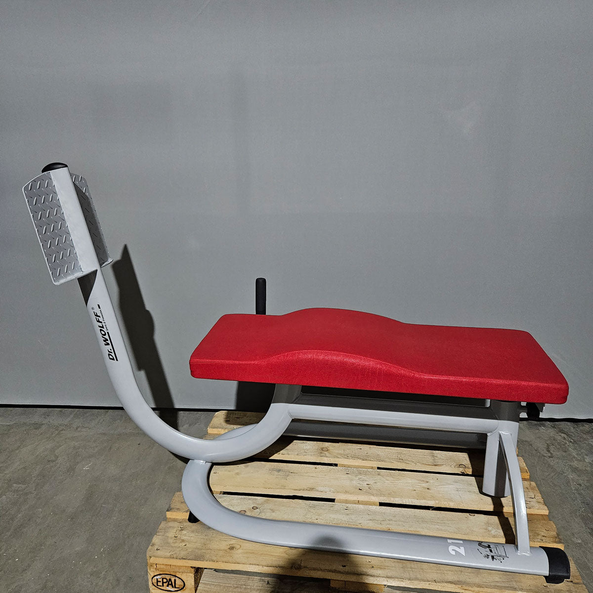 Dr. Wolff Abdominal Trainer 336, abdominal bench, frame color silver, upholstery red, used - refurbished condition