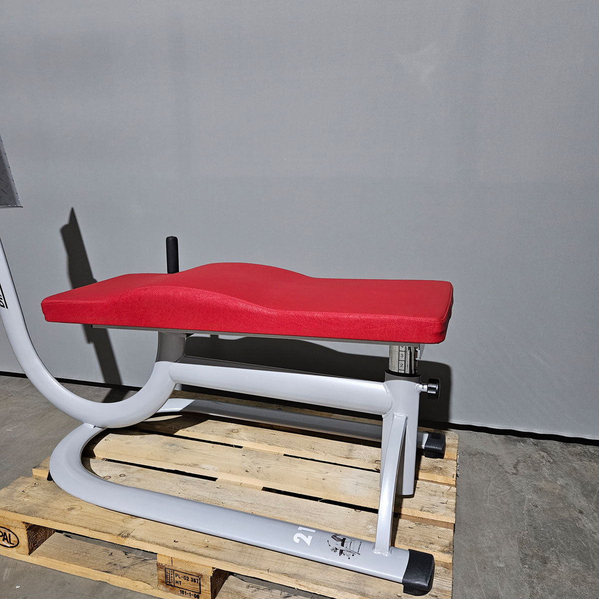 Dr. Wolff Abdominal Trainer 336, abdominal bench, frame color silver, upholstery red, used - refurbished condition