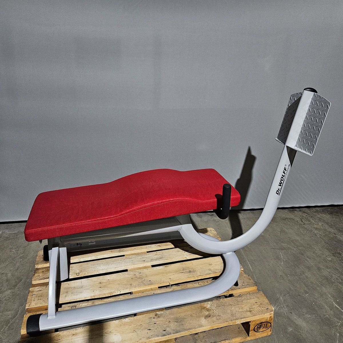 Dr. Wolff Abdominal Trainer 336, abdominal bench, frame color silver, upholstery red, used - refurbished condition