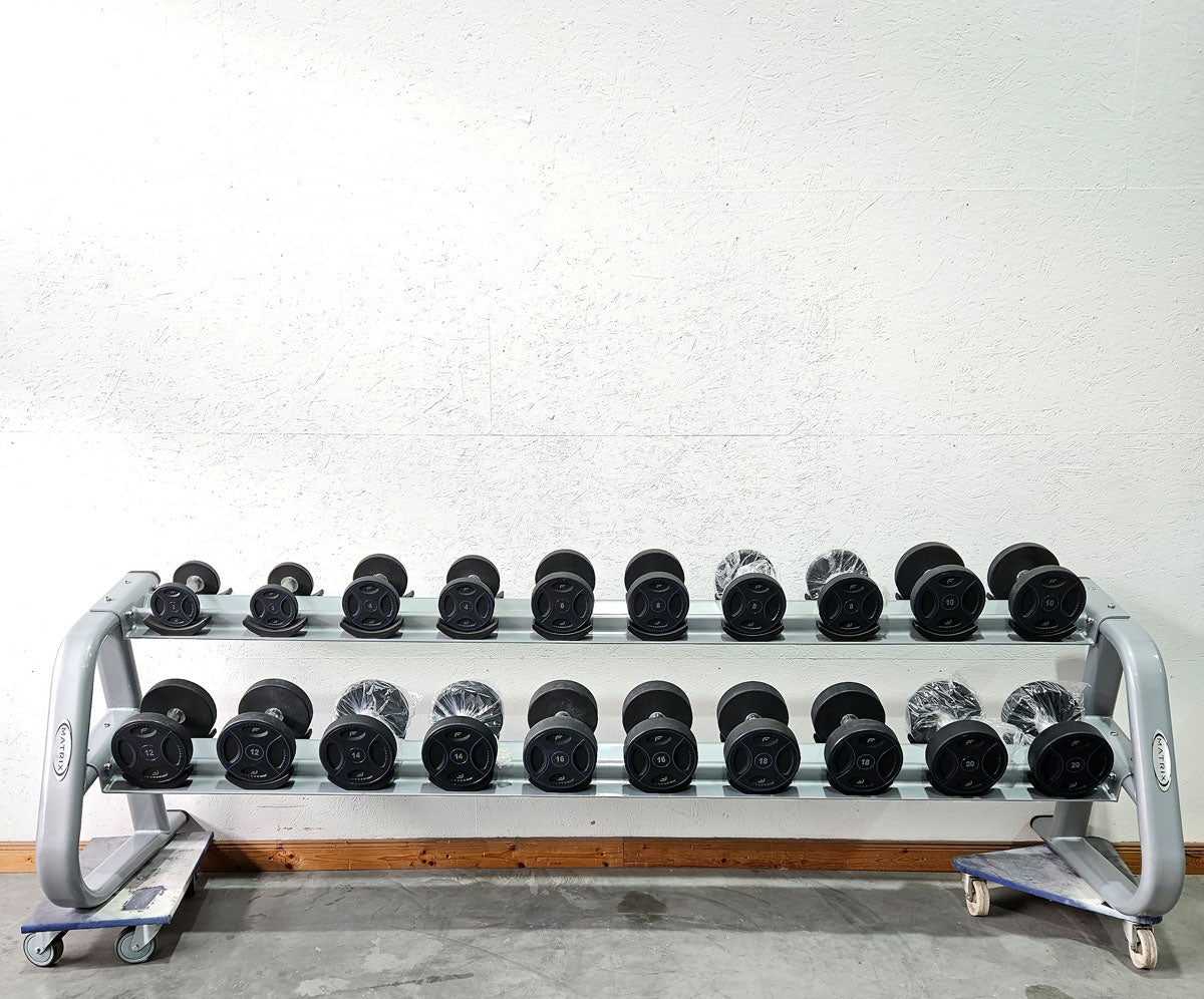 Matrix bzw Franziski Sport PU Polyurethan Kurzhantelsatz von 2 bis 20kg in 2kg Stufen ( 10 Paare ) Farbe Schwarz-Blau, inkl. Matrix Kurzhantelablage (sehr stabil), gebraucht - sehr guter Zustand
