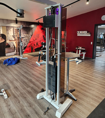 Gym80 - 2x Kabelzug, Cable Crossover, Seilzug von oben und unten, Oldschool Bodybuilding, Rahmenfarbe Weiß, gebraucht - geprüfter Zustand mit Gebrauchsspuren