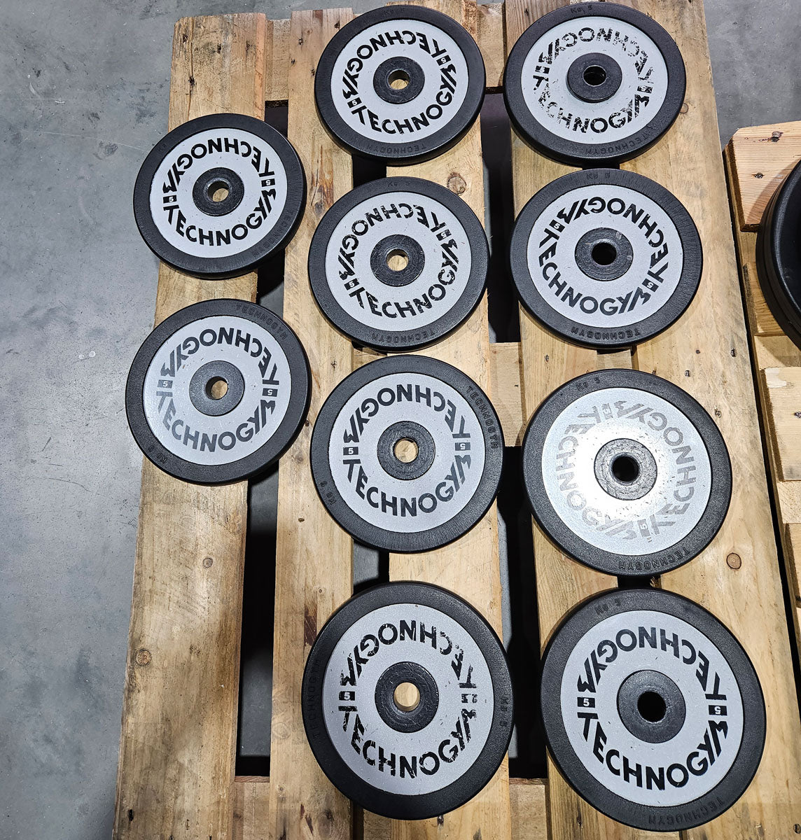 Technogym diverse Hantelscheiben, 230kg gesamt, 28mm Durchmesser, Guss mit Gummi Außen, 2,5kg - 5kg - 10kg und 20kg Scheiben, gebraucht mit Gebrauchsspuren