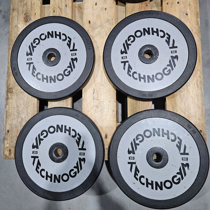 Technogym diverse Hantelscheiben, 230kg gesamt, 28mm Durchmesser, Guss mit Gummi Außen, 2,5kg - 5kg - 10kg und 20kg Scheiben, gebraucht mit Gebrauchsspuren