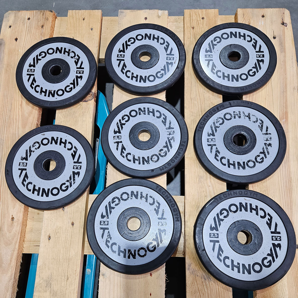 Technogym diverse Hantelscheiben, 230kg gesamt, 28mm Durchmesser, Guss mit Gummi Außen, 2,5kg - 5kg - 10kg und 20kg Scheiben, gebraucht mit Gebrauchsspuren