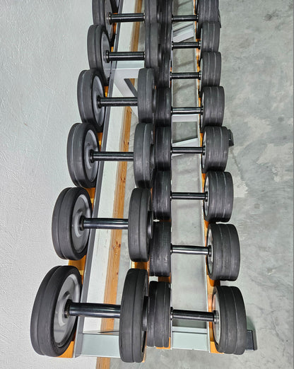 Technogym Kurzhantelsatz aus Guss mit Gummi Außenringen von 12 bis 40kg in 2kg Stufen ( 17 Paare ) + einige Paare doppelt Oldschool, Inkl. Kurzhantelablagen, gebraucht - mit Gebrauchsspuren