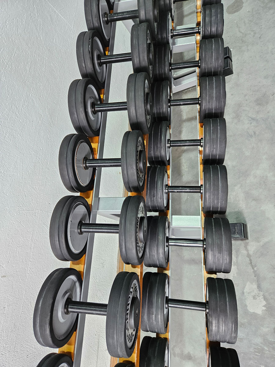 Technogym Kurzhantelsatz aus Guss mit Gummi Außenringen von 12 bis 40kg in 2kg Stufen ( 17 Paare ) + einige Paare doppelt Oldschool, Inkl. Kurzhantelablagen, gebraucht - mit Gebrauchsspuren