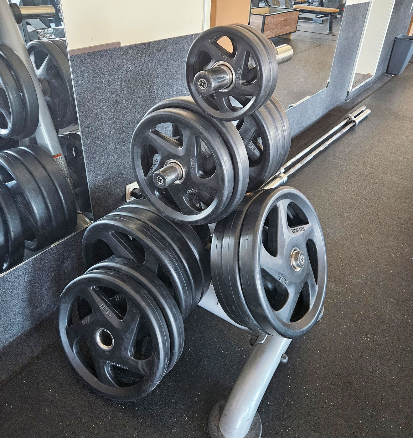 Elbesport Olympia weight plates V5, rubber, 1722 kg total, 138 rubberized grippers, color black, used - relatively good condition - visual signs of wear