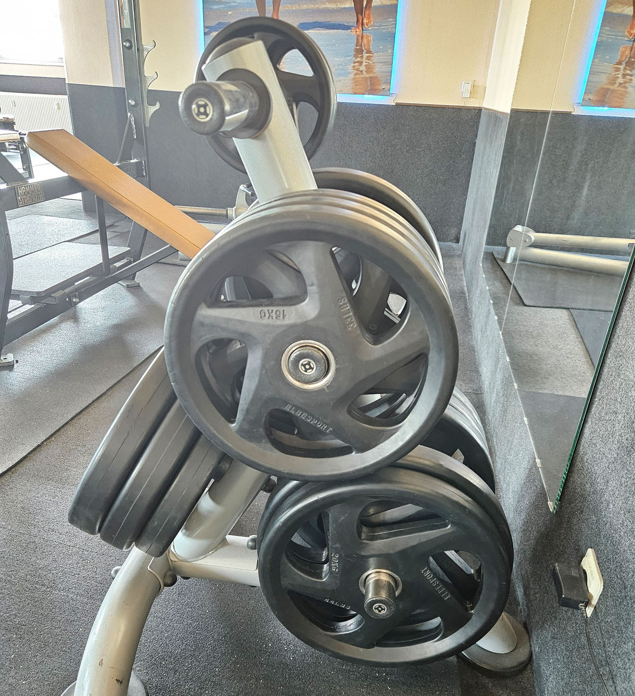 Elbesport Olympia weight plates V5, rubber, 1722 kg total, 138 rubberized grippers, color black, used - relatively good condition - visual signs of wear