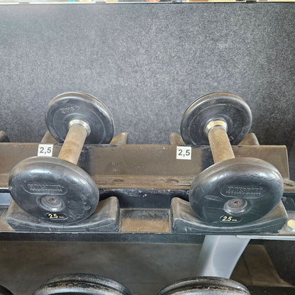ElbeSport Kurzhantelsatz aus Guss von 2,5 bis 50kg in 2,5kg Stufen ( 20 Paare ) Oldschool, INKLUSIVE Kurzhantelablagen, gebraucht - mit Gebrauchsspuren