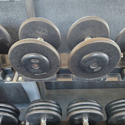ElbeSport Kurzhantelsatz aus Guss von 2,5 bis 50kg in 2,5kg Stufen ( 20 Paare ) Oldschool, INKLUSIVE Kurzhantelablagen, gebraucht - mit Gebrauchsspuren