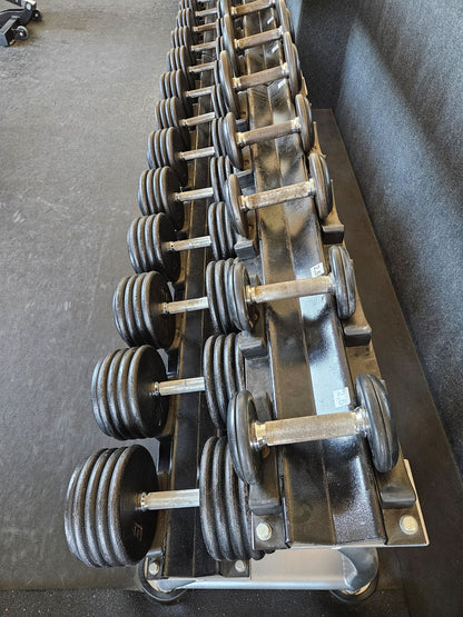 ElbeSport Kurzhantelsatz aus Guss von 2,5 bis 50kg in 2,5kg Stufen ( 20 Paare ) Oldschool, INKLUSIVE Kurzhantelablagen, gebraucht - mit Gebrauchsspuren