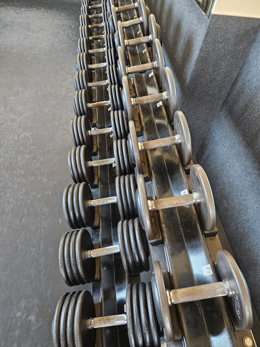 ElbeSport Kurzhantelsatz aus Guss von 2,5 bis 50kg in 2,5kg Stufen ( 20 Paare ) Oldschool, INKLUSIVE Kurzhantelablagen, gebraucht - mit Gebrauchsspuren
