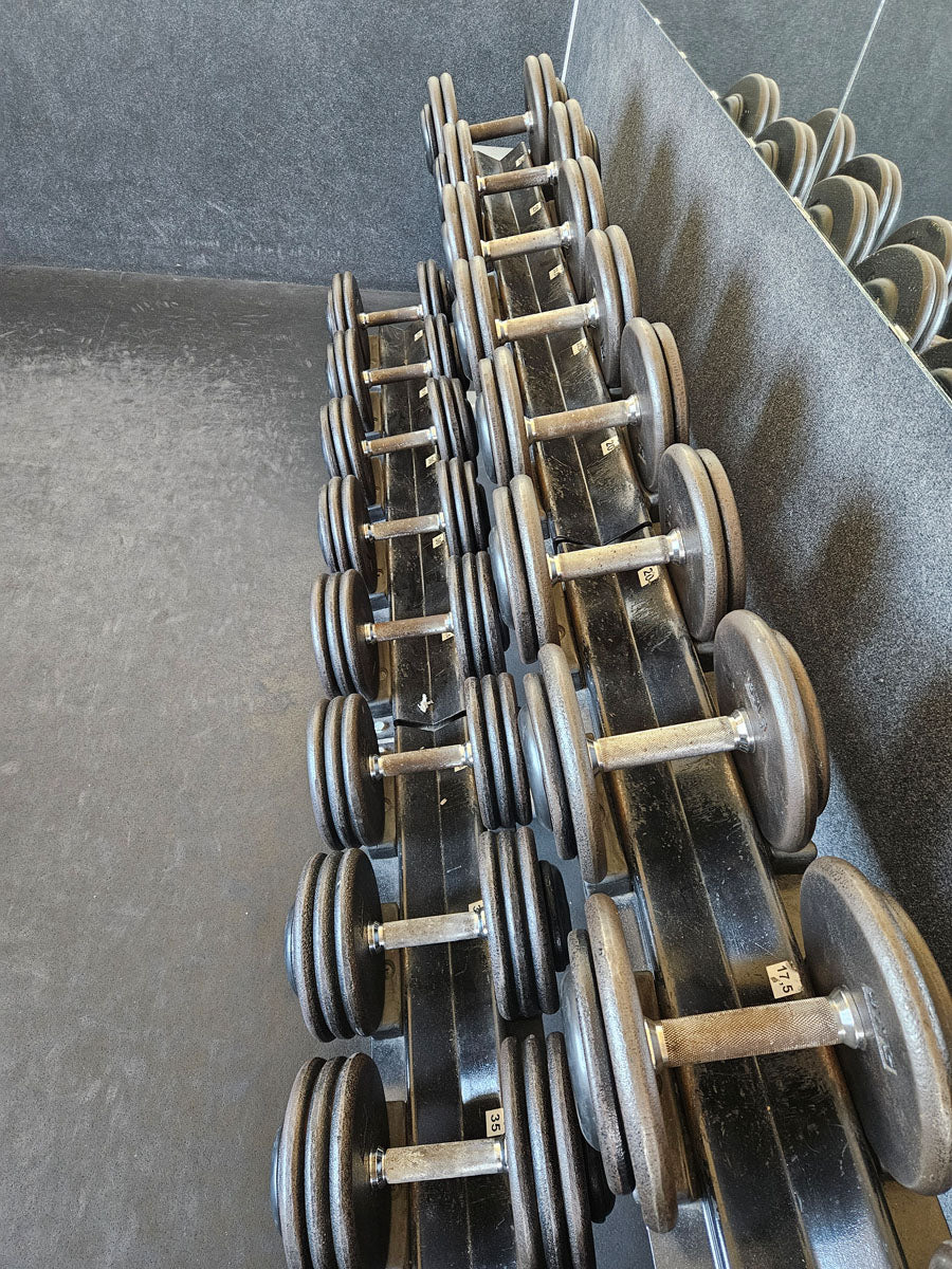 ElbeSport Kurzhantelsatz aus Guss von 2,5 bis 50kg in 2,5kg Stufen ( 20 Paare ) Oldschool, INKLUSIVE Kurzhantelablagen, gebraucht - mit Gebrauchsspuren