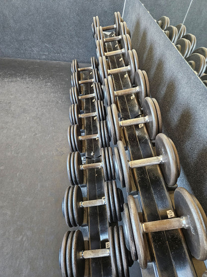 ElbeSport Kurzhantelsatz aus Guss von 2,5 bis 50kg in 2,5kg Stufen ( 20 Paare ) Oldschool, INKLUSIVE Kurzhantelablagen, gebraucht - mit Gebrauchsspuren