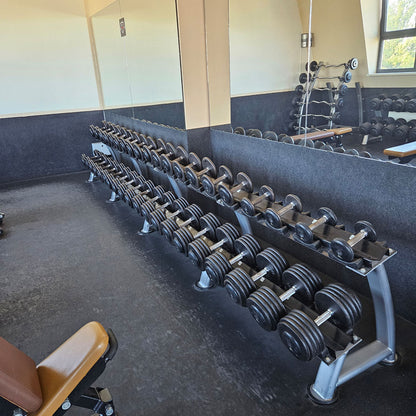 ElbeSport Kurzhantelsatz aus Guss von 2,5 bis 50kg in 2,5kg Stufen ( 20 Paare ) Oldschool, INKLUSIVE Kurzhantelablagen, gebraucht - mit Gebrauchsspuren