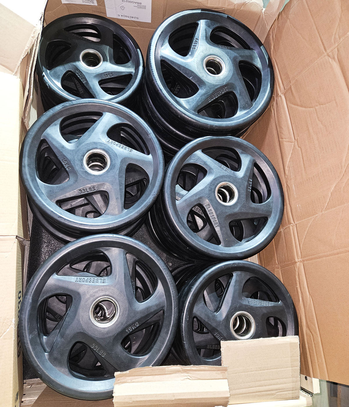 Elbesport Olympia weight plates V5, rubber, 1722 kg total, 138 rubberized grippers, color black, used - relatively good condition - visual signs of wear
