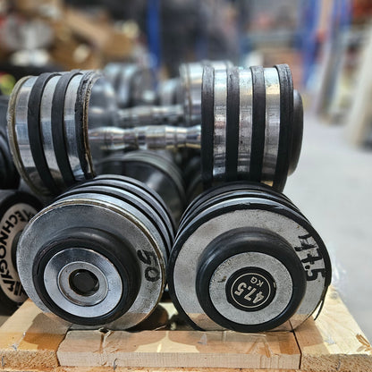 Kurzhantelsatz aus Guss bzw Chrom von 40 bis 50kg in 2,5kg Stufen ( 5 Paare ) Oldschool, gebraucht - mit Gebrauchsspuren