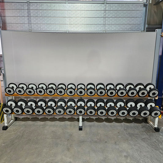 Technogym cast iron dumbbell set with rubber outer rings from 4 to 32 kg in 2 kg increments (15 pairs) Oldschool, optionally with dumbbell rack, used - with signs of wear