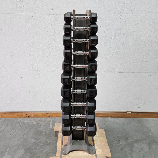 Rubber HEX dumbbell set pairs 1-10 kg, 10 pairs including stand from Gymleco, frame color anthracite, hexagonal dumbbells, used with signs of wear
