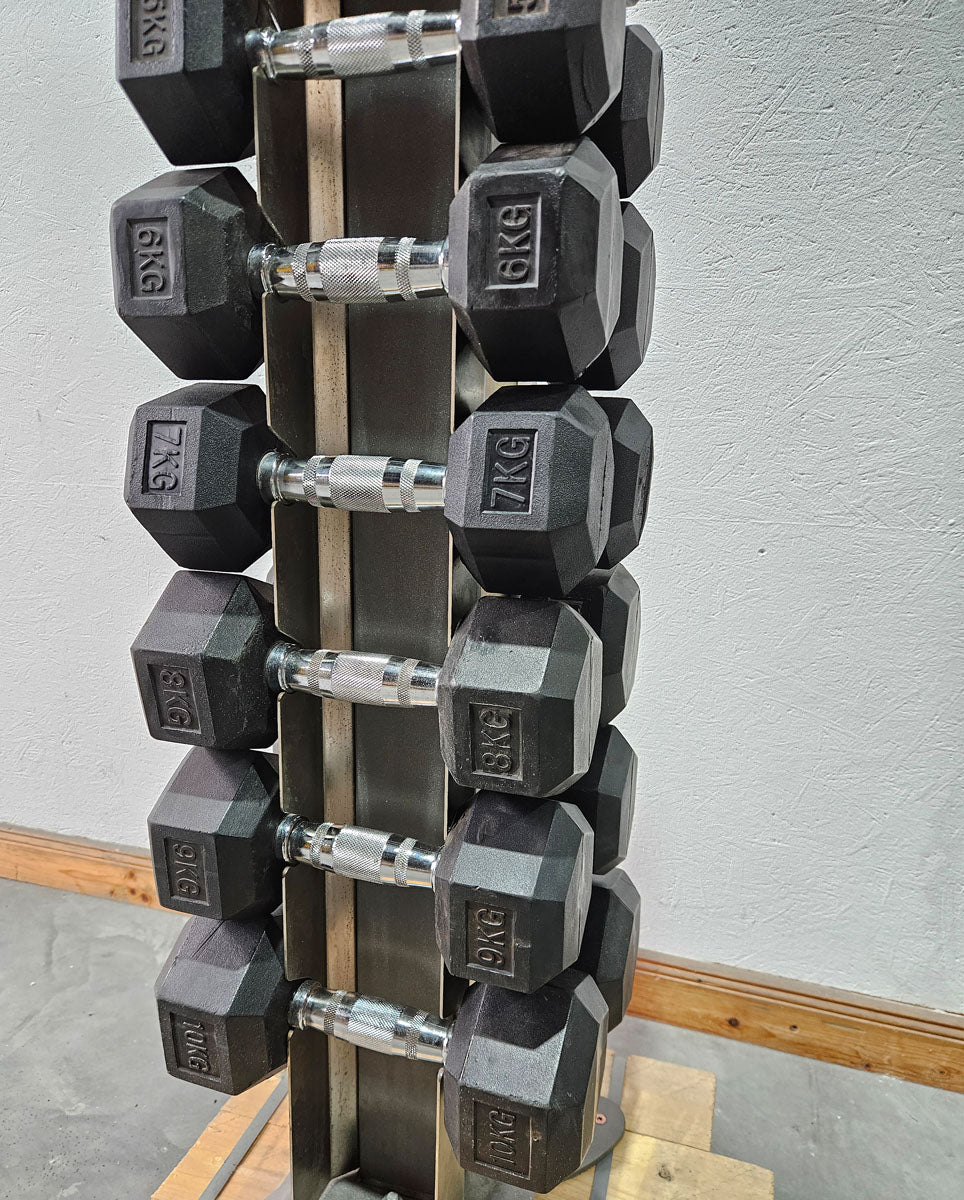 Gummi HEX Hantelsatz Paare 1-10kg, 10 Paare inkl. Ständer von Gymleco, Rahmenfarbe Anthrazit, Hexagonal Kurzhanteln, gebraucht mit Gebrauchsspuren