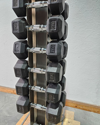 Gummi HEX Hantelsatz Paare 1-10kg, 10 Paare inkl. Ständer von Gymleco, Rahmenfarbe Anthrazit, Hexagonal Kurzhanteln, gebraucht mit Gebrauchsspuren
