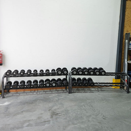 Rubber dumbbell set from 5 to 40 kg in 2.5 kg increments (15 pairs) compact dumbbells, optional with shelves for an additional charge, used - with signs of wear