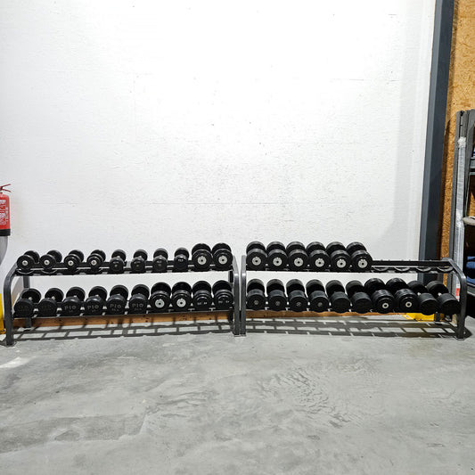 Rubber dumbbell set from 5 to 47.5 kg in 2.5 kg increments (18 pairs) compact dumbbells, optional with shelves for an additional charge, used - with signs of wear
