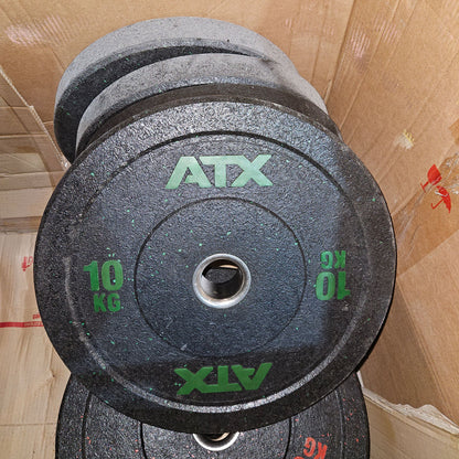 Set 230kg Bumper Plates von ATX - 2x 25kg, 4x 20kg, 4x 15kg, 4x 10kg, Hantelscheiben 50mm Durchmesser aus Granulat gepresst in Schwarz mit bunten Farbflecken, gebraucht - mit Gebrauchsspuren