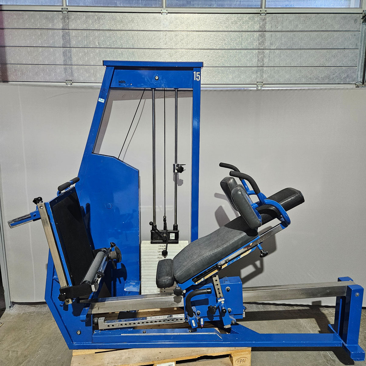 MKB Keller functional press, leg press adjustable sitting - lying, tilting gyroscope, 170kg weight block, color blue, used - tested condition with visual signs of wear