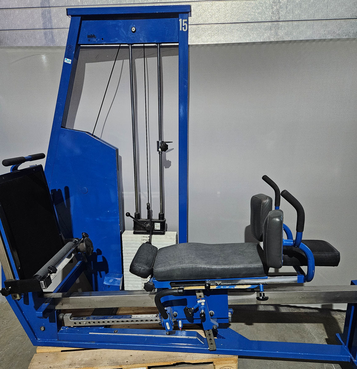 MKB Keller functional press, leg press adjustable sitting - lying, tilting gyroscope, 170kg weight block, color blue, used - tested condition with visual signs of wear
