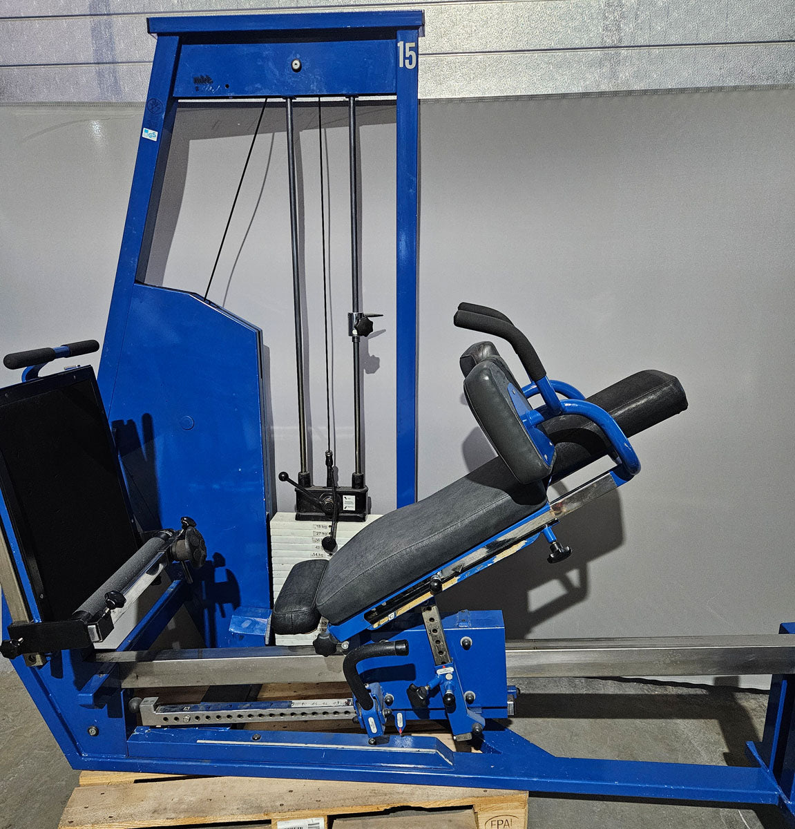 MKB Keller functional press, leg press adjustable sitting - lying, tilting gyroscope, 170kg weight block, color blue, used - tested condition with visual signs of wear