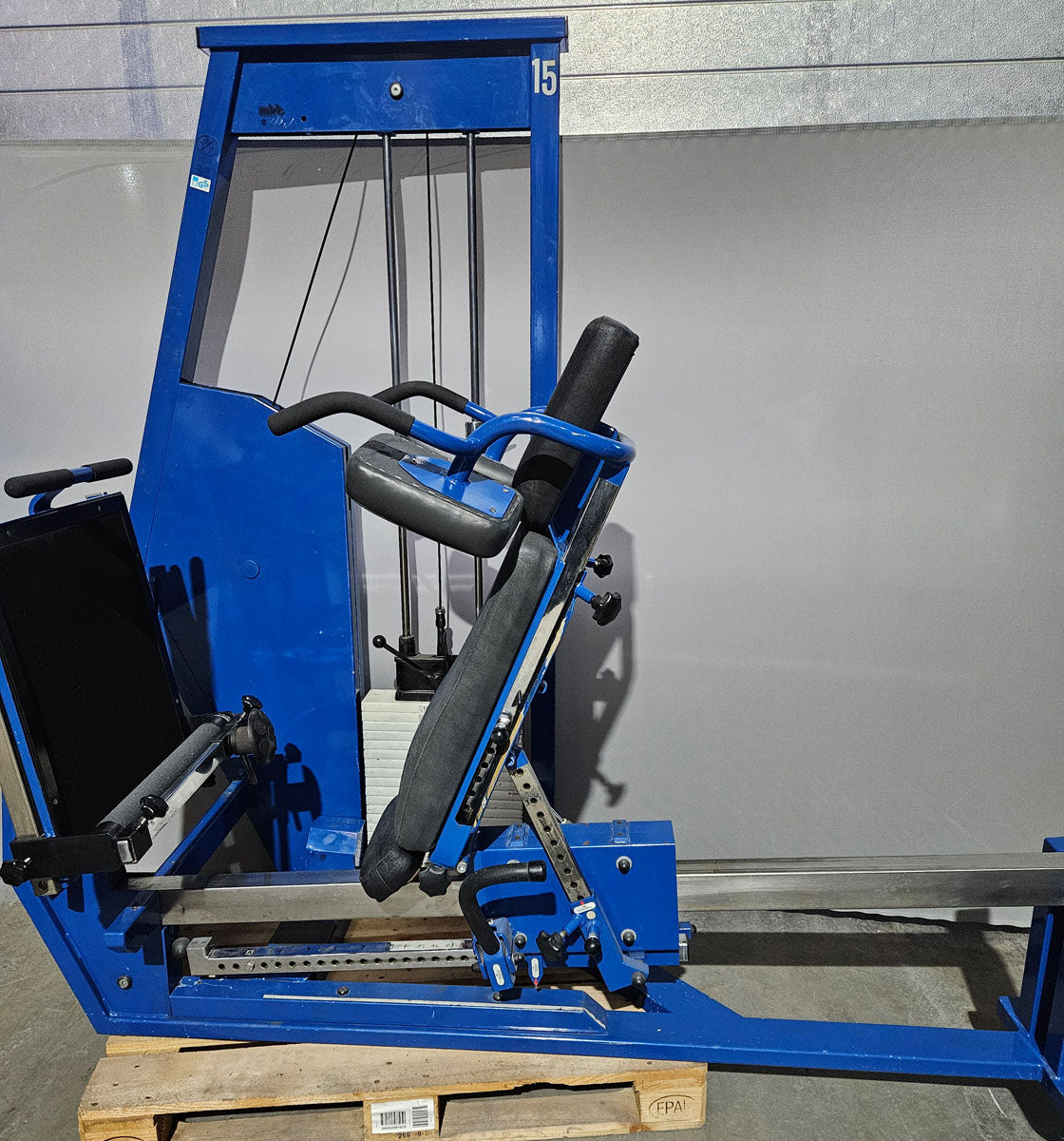 MKB Keller functional press, leg press adjustable sitting - lying, tilting gyroscope, 170kg weight block, color blue, used - tested condition with visual signs of wear