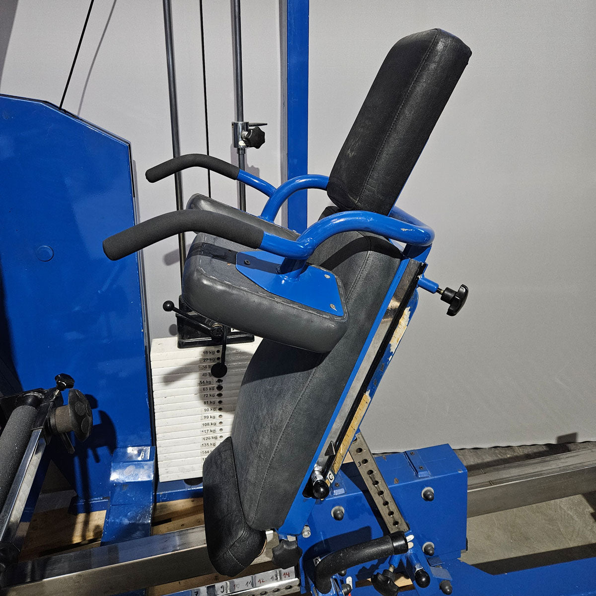 MKB Keller functional press, leg press adjustable sitting - lying, tilting gyroscope, 170kg weight block, color blue, used - tested condition with visual signs of wear