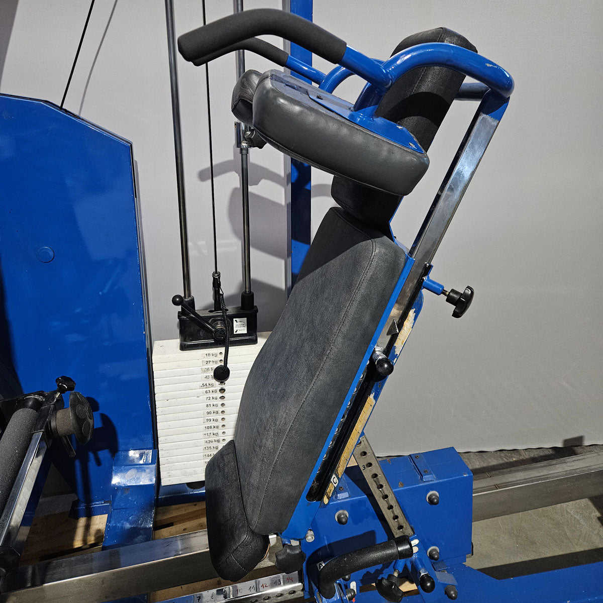MKB Keller functional press, leg press adjustable sitting - lying, tilting gyroscope, 170kg weight block, color blue, used - tested condition with visual signs of wear