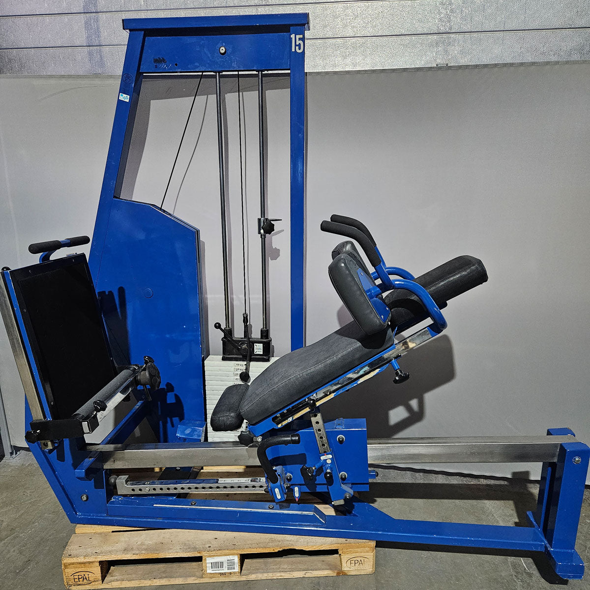 MKB Keller functional press, leg press adjustable sitting - lying, tilting gyroscope, 170kg weight block, color blue, used - tested condition with visual signs of wear