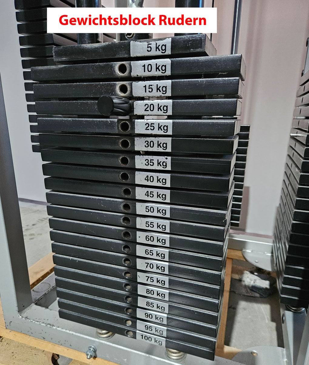 4 Stationenturm, 4 Stack Multi Station, große Gewichtsblöcke, Latzug, Rudern und 2 Seilzüge, Oldschool Bodybuilding, Rahmenfarbe Silber, gebraucht - geprüfter Zustand mit Gebrauchsspuren