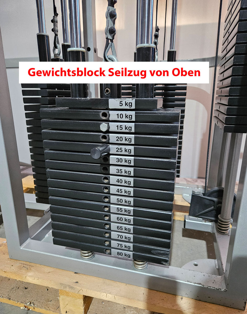 4 Stationenturm, 4 Stack Multi Station, große Gewichtsblöcke, Latzug, Rudern und 2 Seilzüge, Oldschool Bodybuilding, Rahmenfarbe Silber, gebraucht - geprüfter Zustand mit Gebrauchsspuren