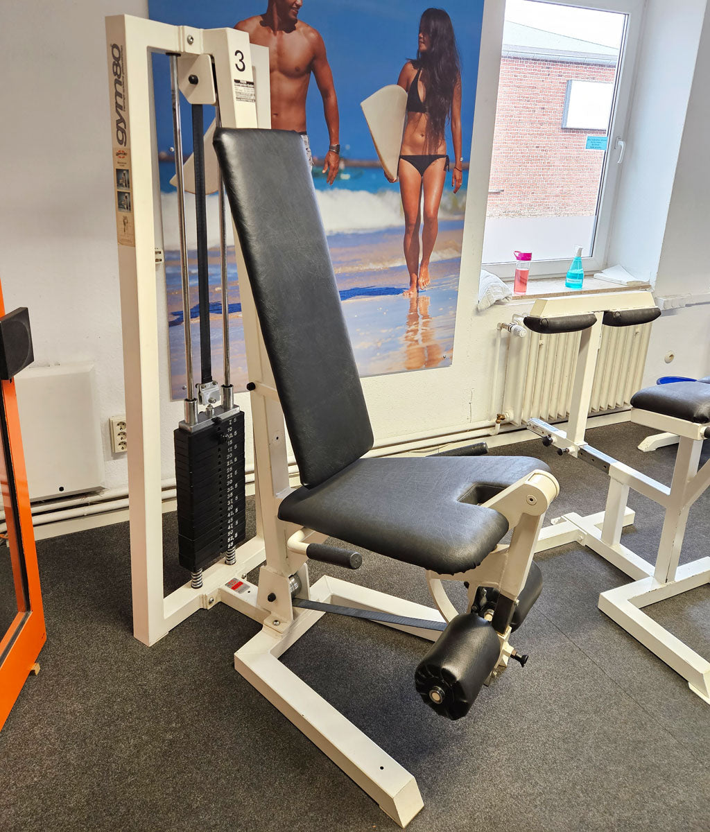 Gym80 seated leg extension, old school bodybuilding strength machine - Edition or Classic Line, frame color white, used with signs of wear