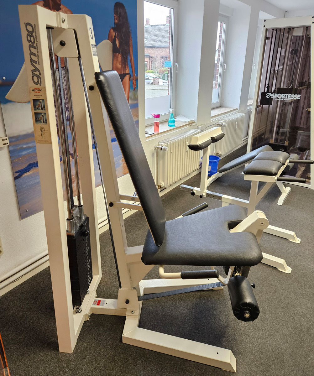 Gym80 seated leg extension, old school bodybuilding strength machine - Edition or Classic Line, frame color white, used with signs of wear