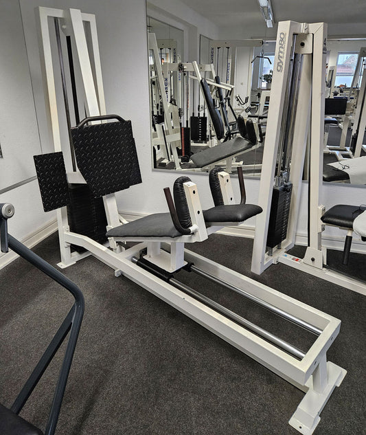 Old school leg press, 225kg weight block, manufacturer probably Gym80 or L+K or Galaxy, bodybuilding strength equipment - frame color white, used with signs of wear