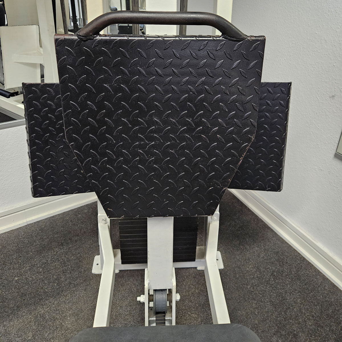 Beinpresse Oldschool, Leg Press, 225kg Gewichtsblock, Hersteller wahrscheinlich Gym80 oder L+K oder Galaxy, Bodybuilding Kraftgerät - Rahmenfarbe Weiß, gebraucht mit Gebrauchsspuren