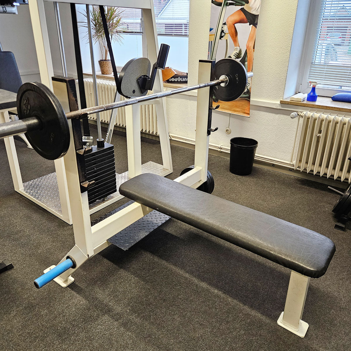 Flat press bench with shelves for bench press, bench press, old school bodybuilding, frame color white, used with signs of wear