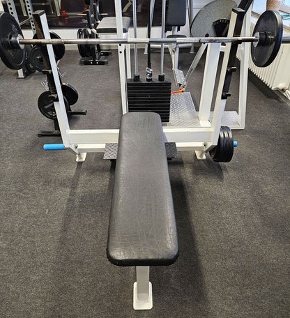 Flat press bench with shelves for bench press, bench press, old school bodybuilding, frame color white, used with signs of wear