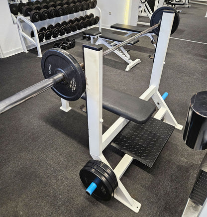Flat press bench with shelves for bench press, bench press, old school bodybuilding, frame color white, used with signs of wear