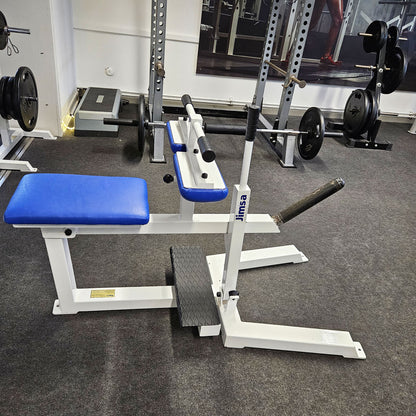 Jimsa calf machine plate loaded 50mm, seated calf raise, frame color white, used and tested with small signs of wear