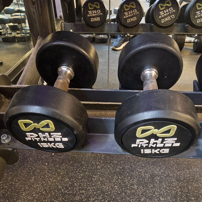 DHZ Gummi Kurzhantelsatz von 2,5 bis 20kg in 2,5kg Stufen ( 8 Paare ) Farbe Schwarz, optional mit  Ständer, gebraucht mit optischen Gebrauchsspuren