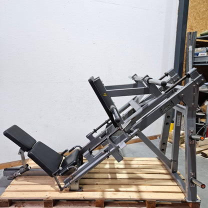 Hammer Strength Plate loaded linear Leg Press, Beinpresse 45° mit Scheibenaufnahme, extrem stabil, Farbe Silber, gebraucht - geprüfter technischer Zustand mit optischen Gebrauchsspuren